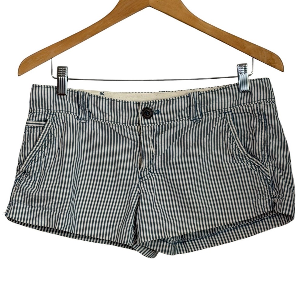 American Eagle Railroad Stripe Shorts Women Size 8 Blue White Y2K Coastal Casual